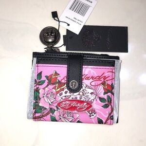 Ed Hardy Pink & Black Faux Leather Card Wallet Leopard & Rose Tattoo Print NWT